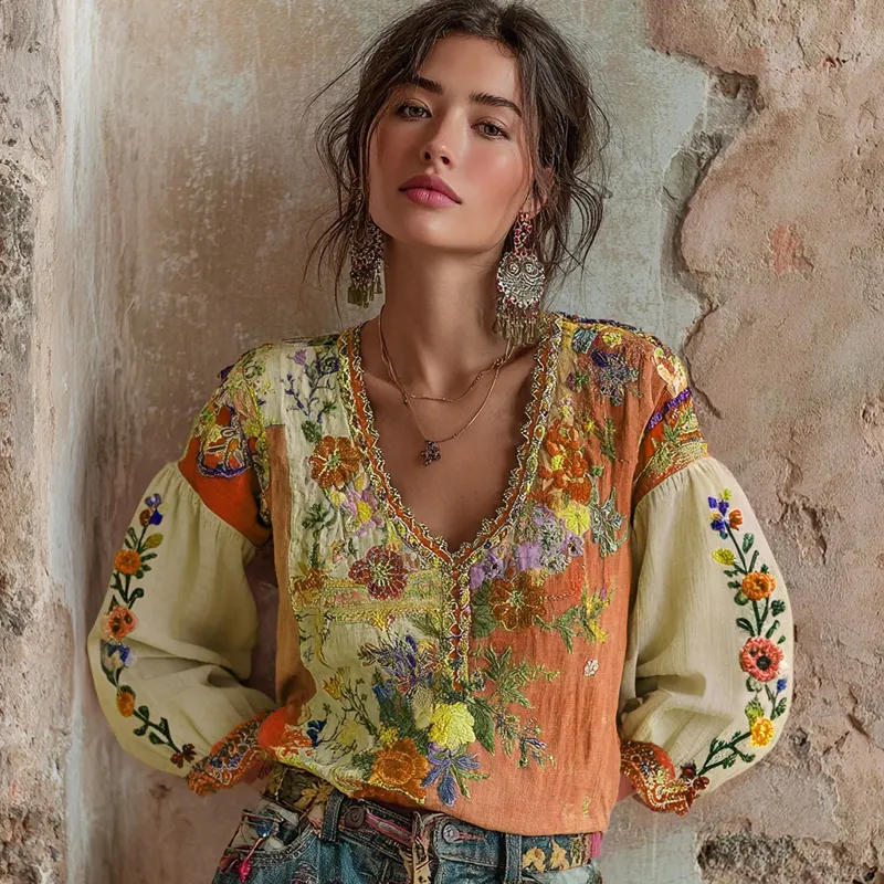 Women's Bohemian Floral Embroidery Art V-neck Contrast Color Long Sleeve Linen Blend T-shirt