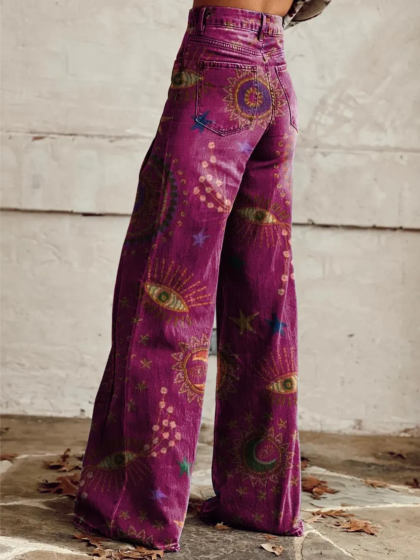 Purple Print Casual Wide-Leg Pants