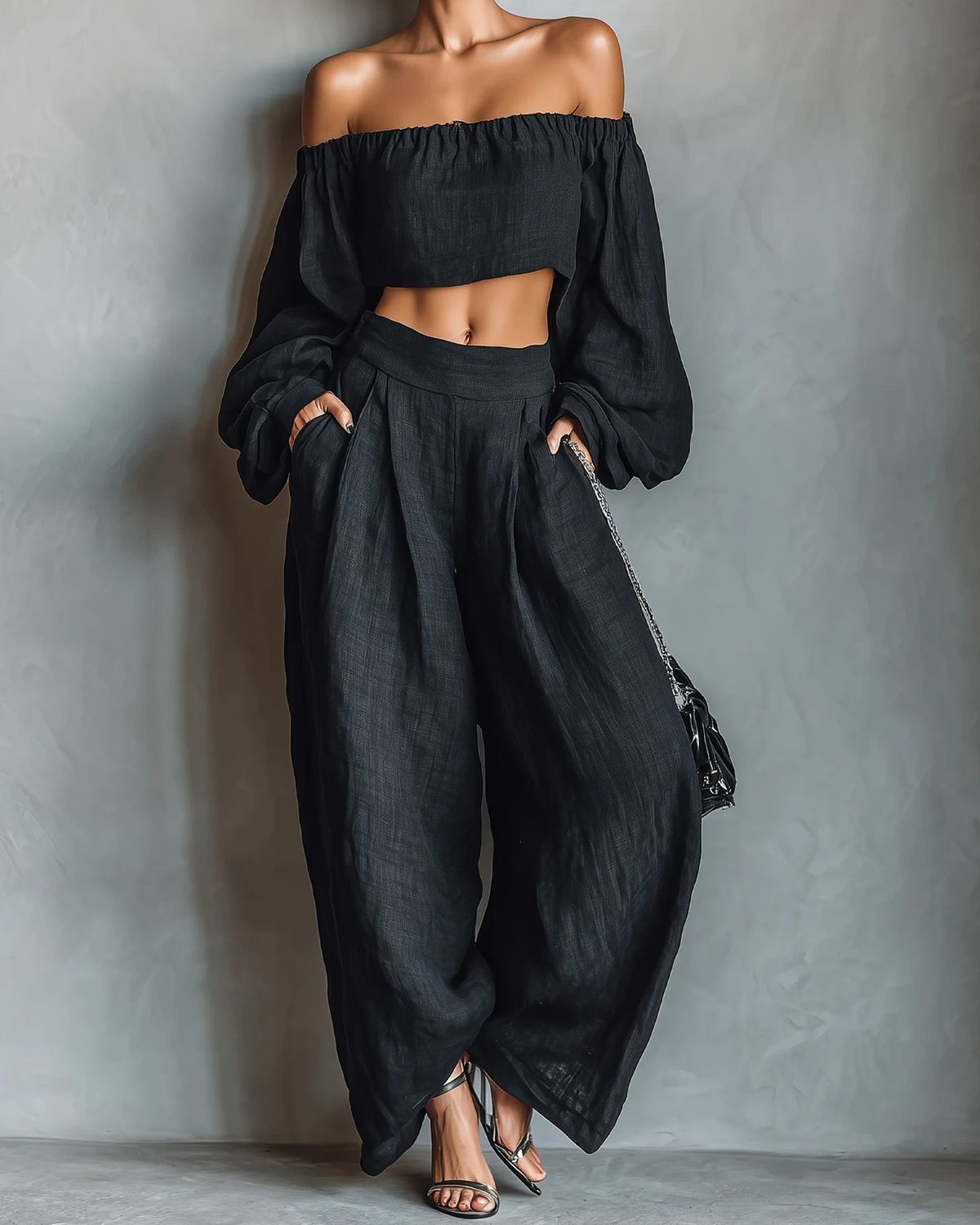 Black Off-the-shoulder Long-sleeved Top & Wide-leg Pants Set