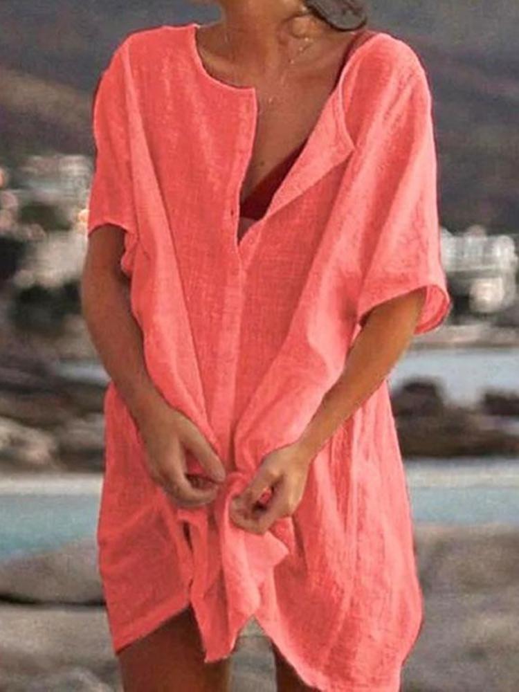 Loose Solid Color Short Sleeve Cotton And Linen Dress
