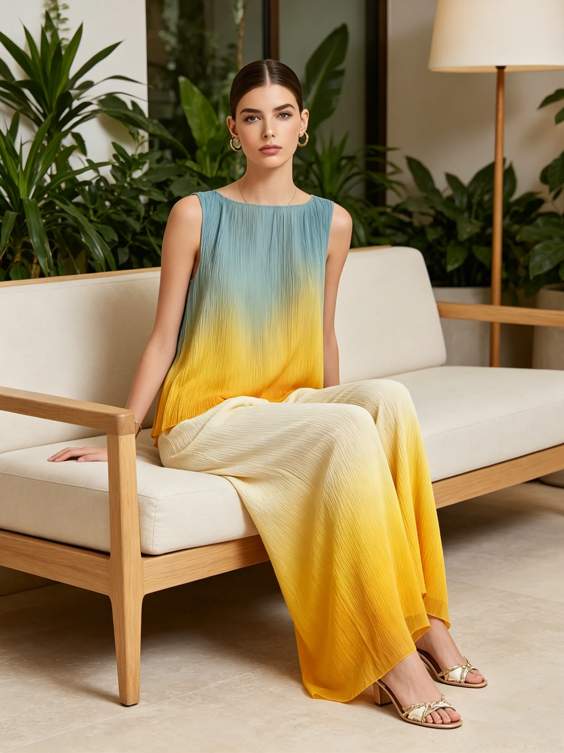 Sunset Ombré Sleeveless Two-Piece Wide-Leg Set