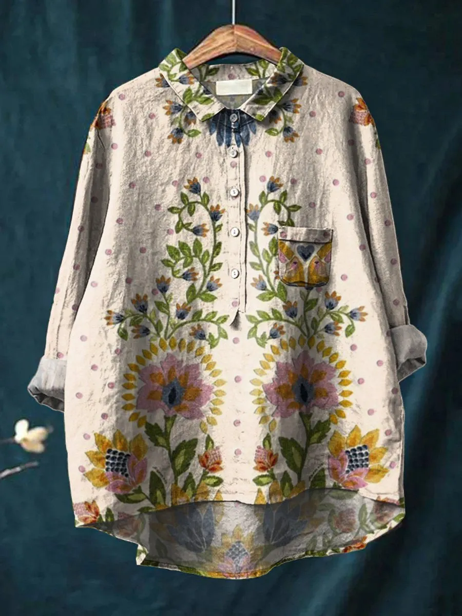 Tropical Floral Symmetrical Pattern Printed Women's Casual Cotton & Linen Shirt