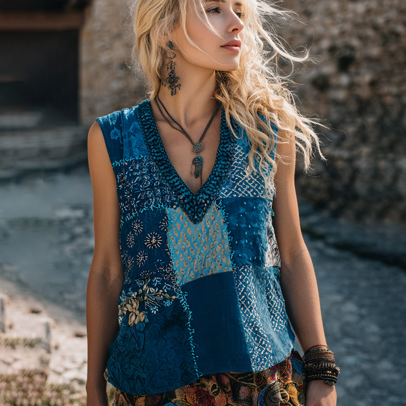 Japanese Floral Patchwork Art Tank Top