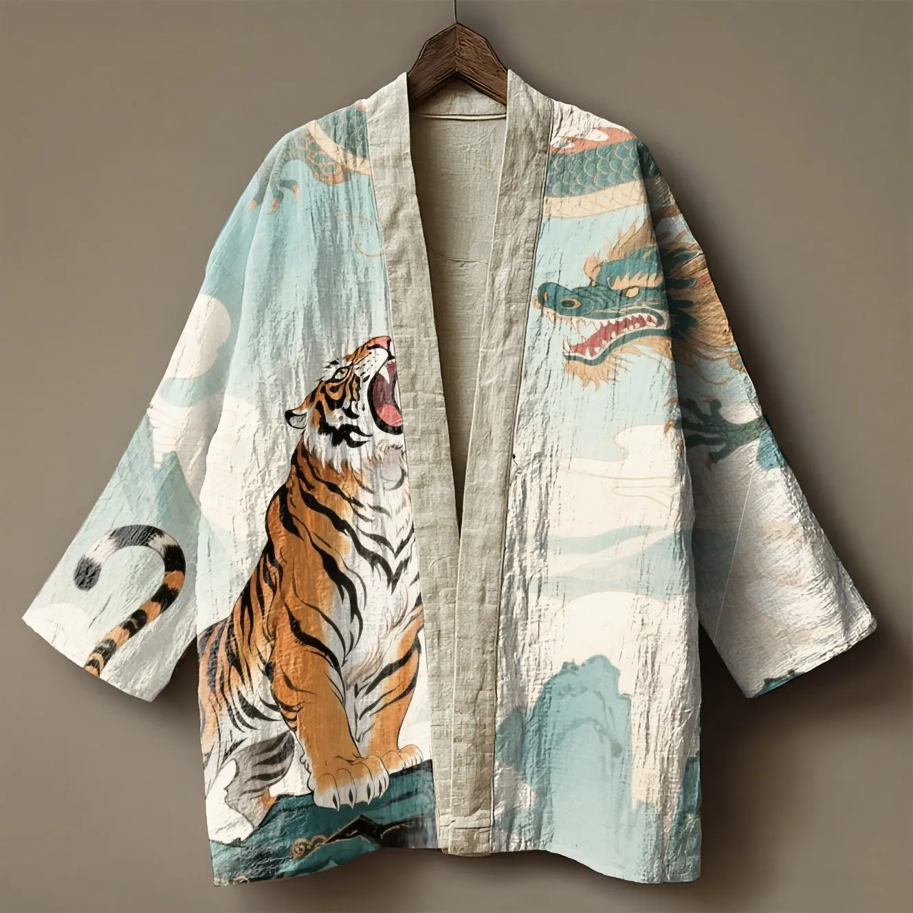 Japanese tiger embroidered printed linen kimono cardigan