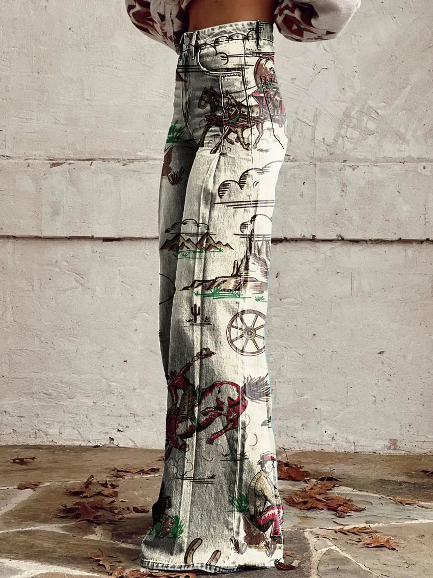 Retro Horse Print Casual Wide-Leg Pants