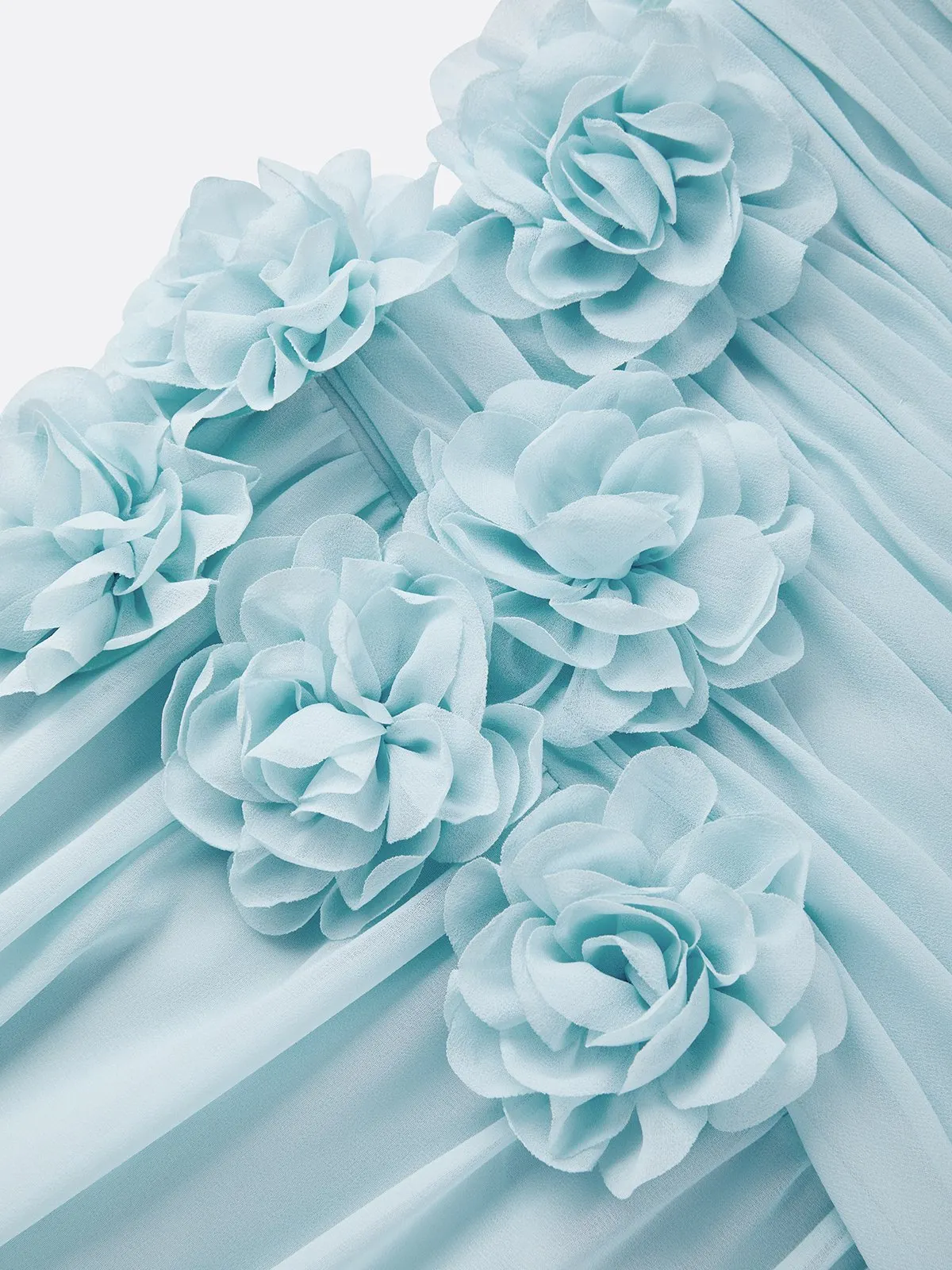 Blue Ruched 3D Floral Chiffon Strapless Sleeveless A-Line Floor-length Gown