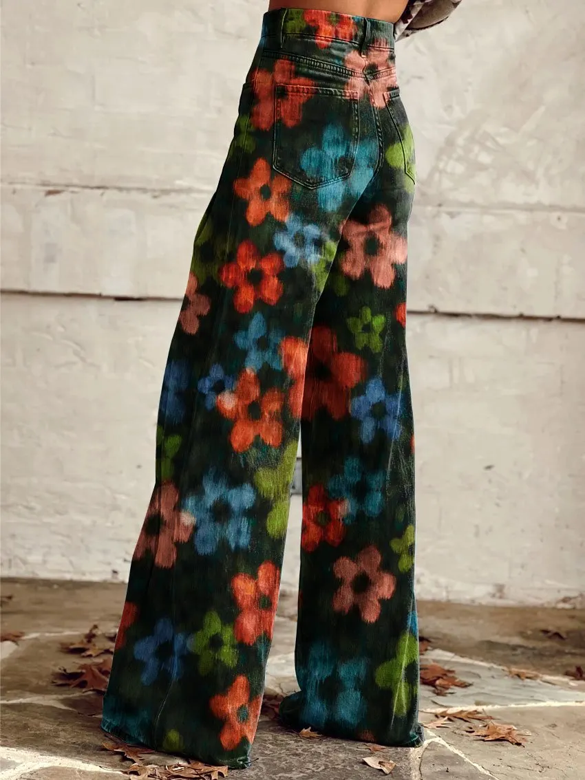 Vintage Stamens Print Casual Wide-Leg Pants