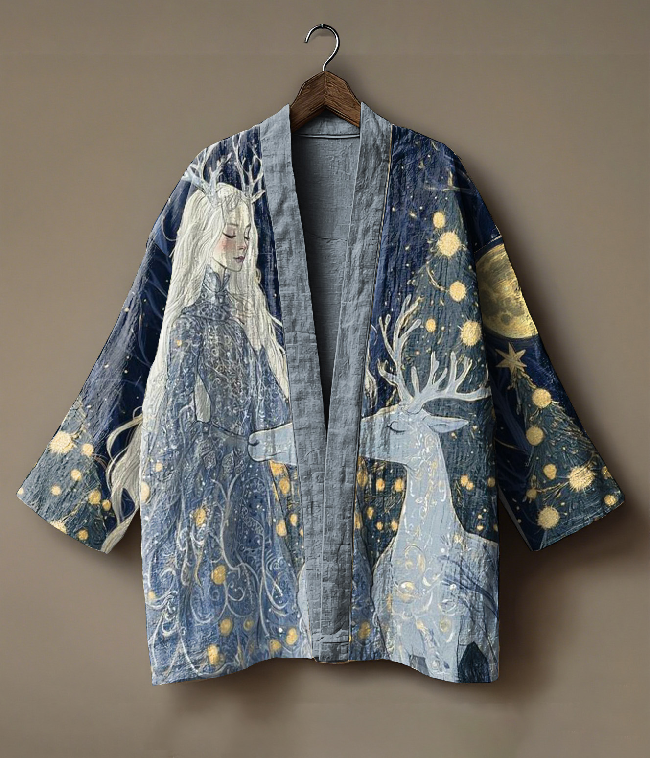 Forest fairy and deer printed linen and fabric cardigan