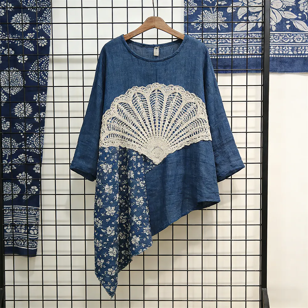 Vintage Lace Patchwork Floral Linen Women's Irregular Shirt