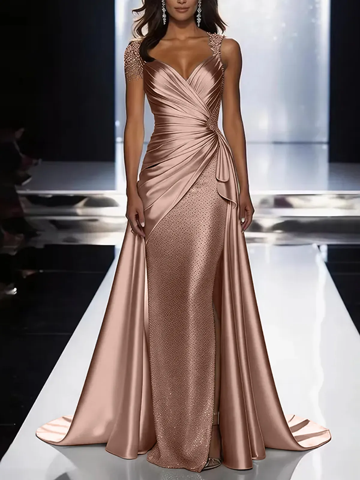 Silver Grey Deep V-Neck Draped Satin Metallic Mermaid Maxi Dress