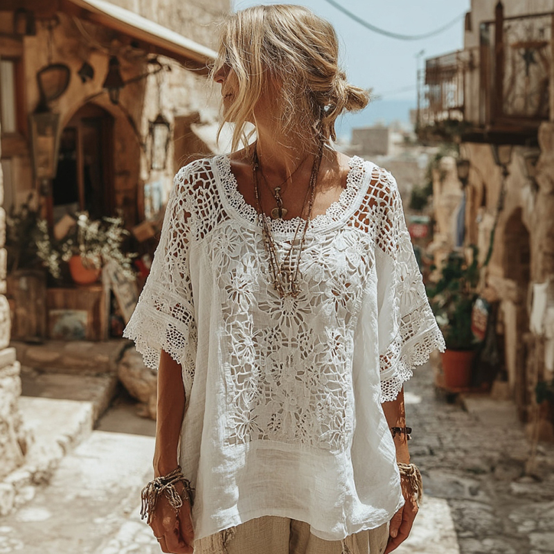 Women's Lace Embroidered Floral Crew Neck T-shirt