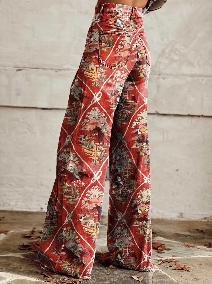 Aztec Race Print Casual Wide-Leg Pants