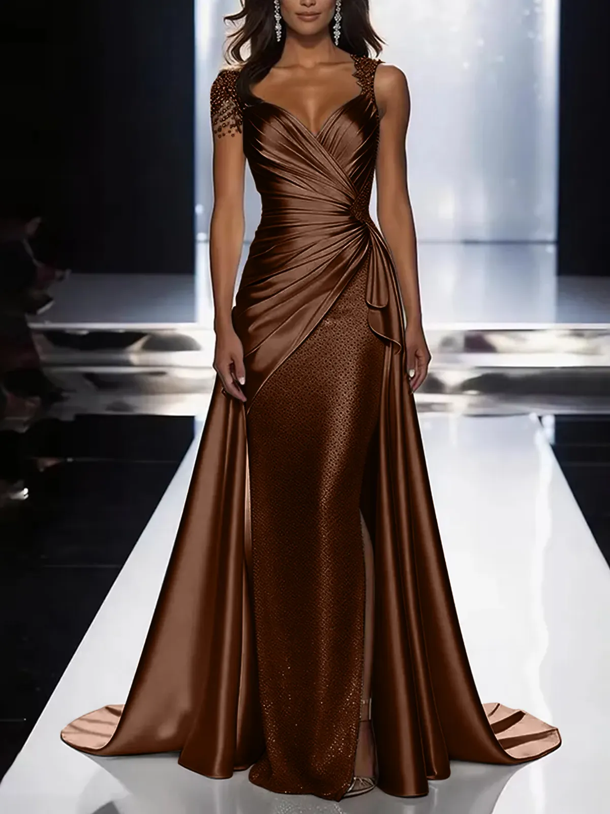 Silver Grey Deep V-Neck Draped Satin Metallic Mermaid Maxi Dress