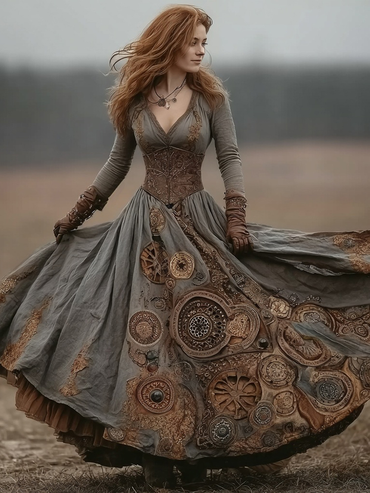 Retro Steampunk Clock & Gear Inspired Flowy Linen Maxi Dress