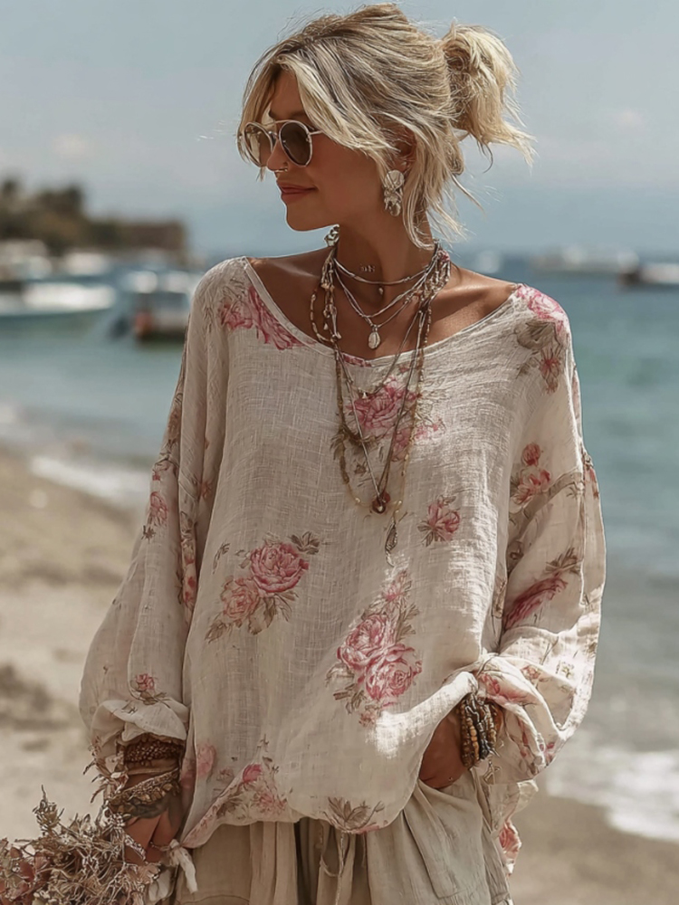 Women's Vintage Pink Rose Print Crew Neck Blend T-shirt