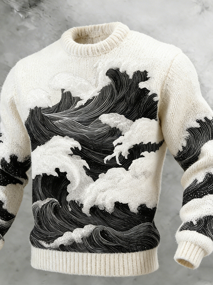 Japanese Art Style Wave Pattern Men's Sweater