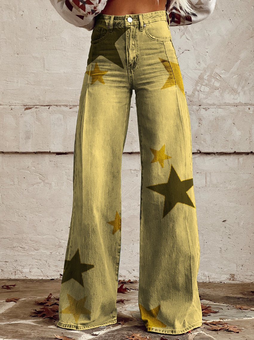 Yellow Star Print Casual Wide-Leg Pants