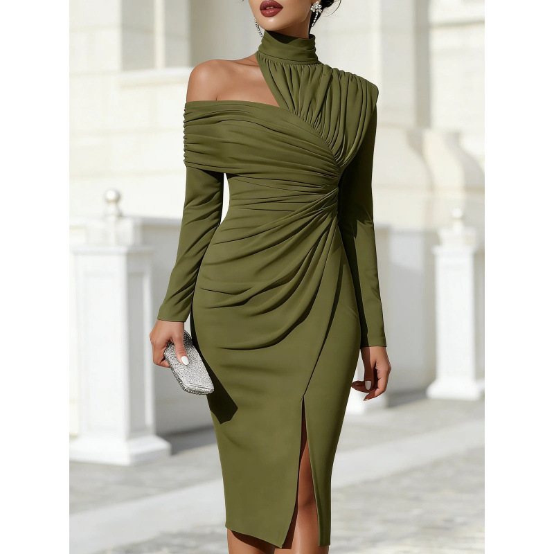 White Asymmetric Draped High-Neck One-Shoulder Midi Dress