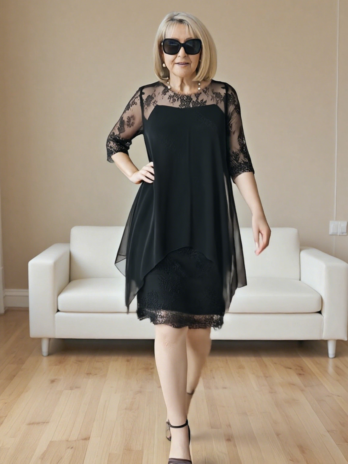 Brown Lace-Trim Layered Midi Dress