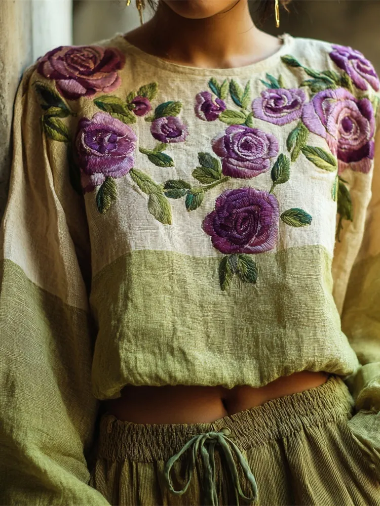 Vintage Floral Embroidery Women's Linen Loose Shirt