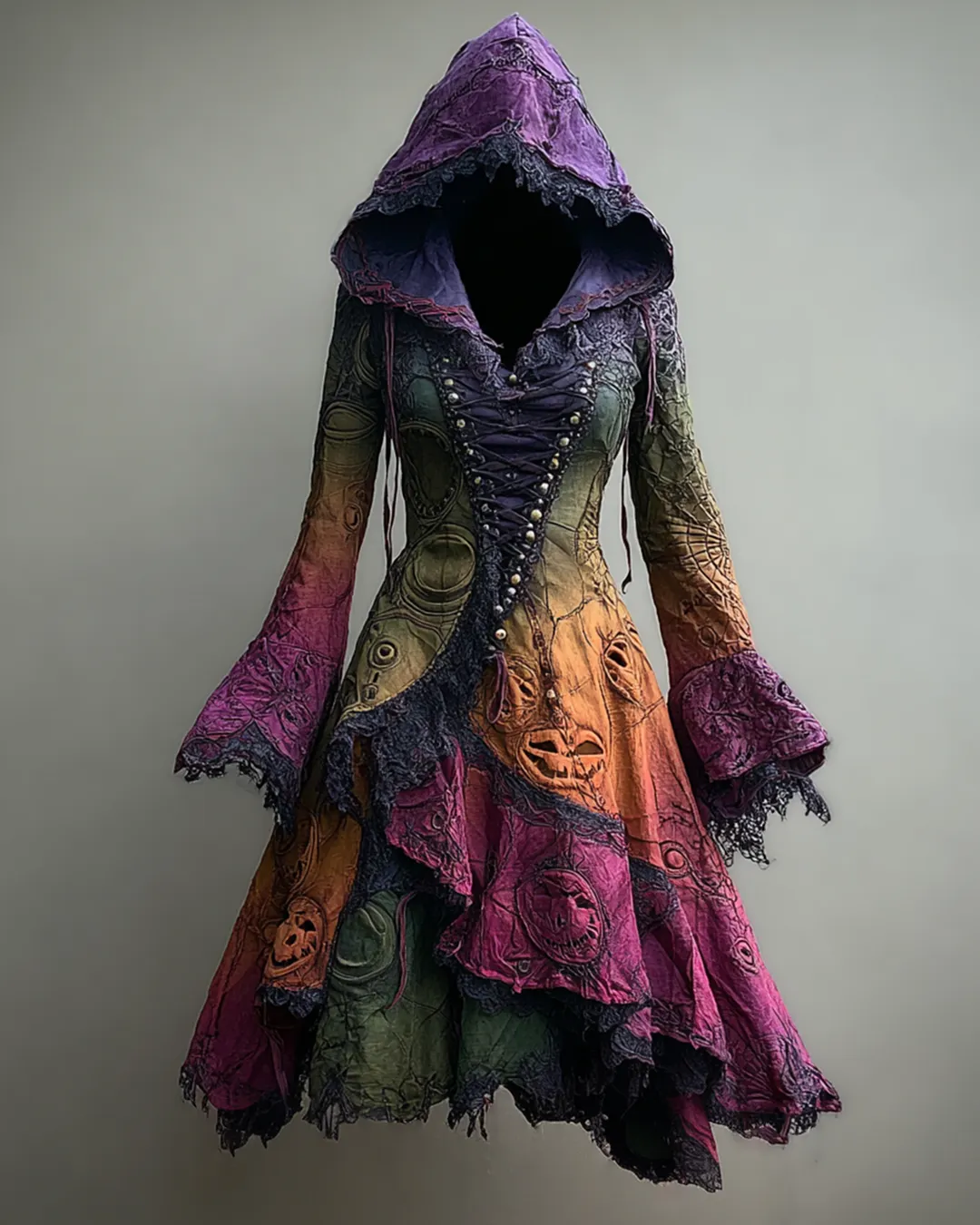 Bohemian style Irregular Gradient Lace Patchwork Embroidered Hooded Evening Dress 930d