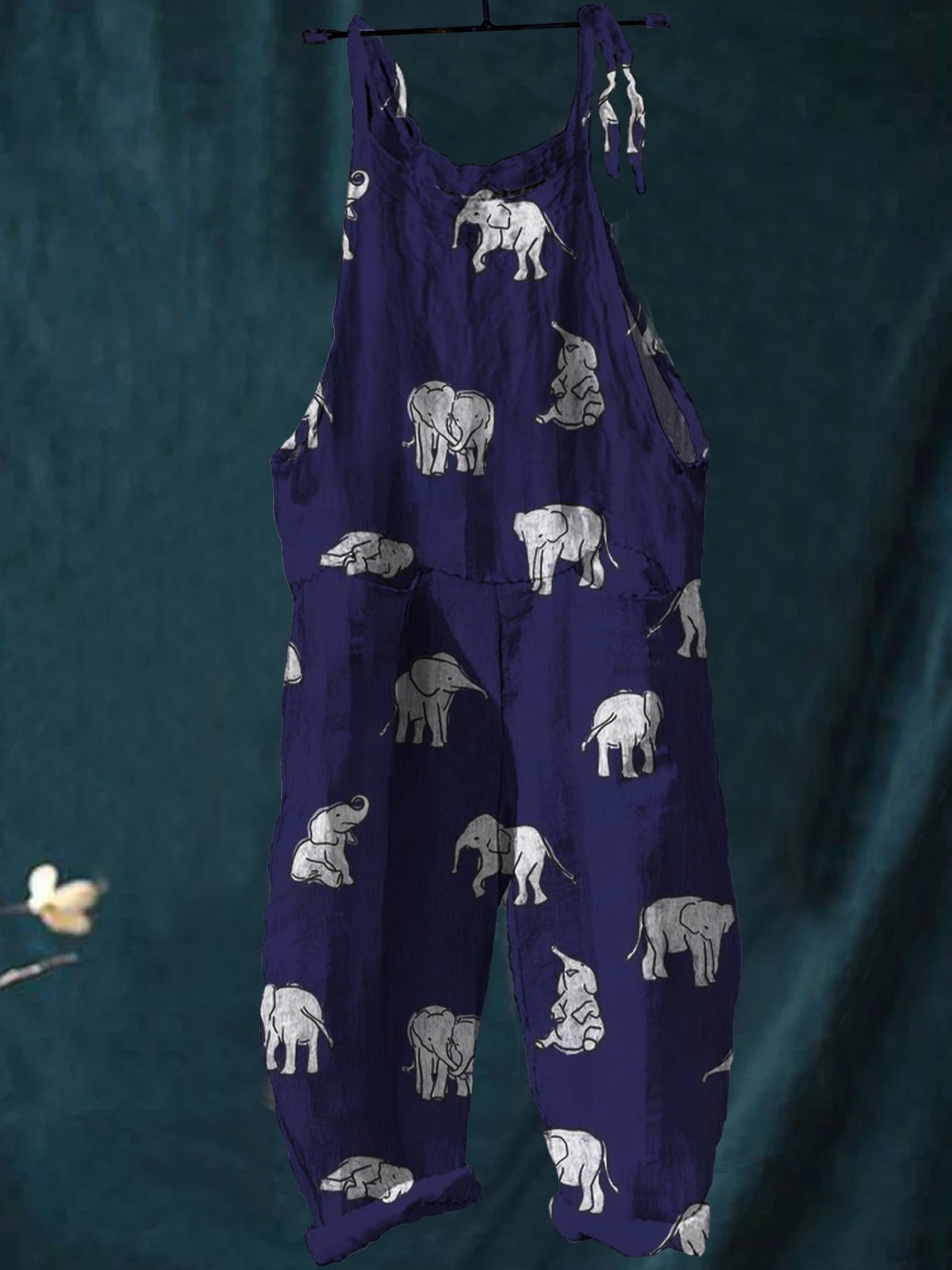 Navy Blue Baby Elephant Print Casual Wide-Leg Jumpsuit