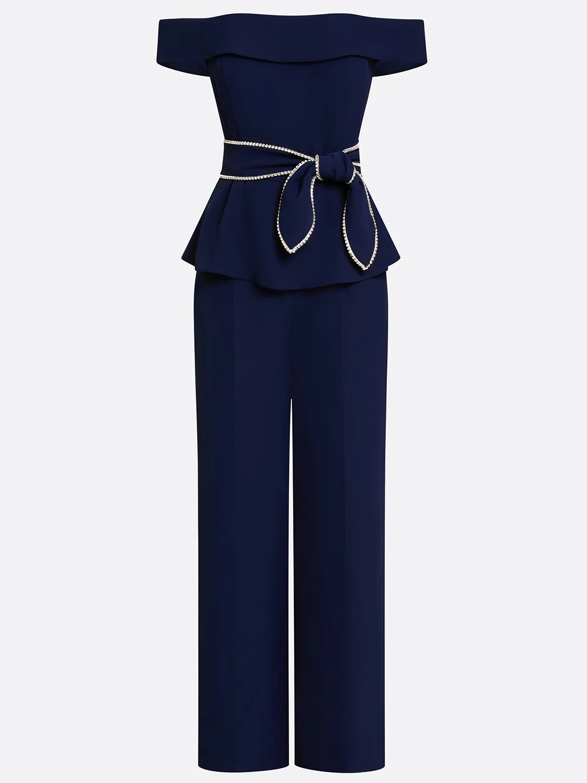 Navy Blue Rhinestone Off The Shoulder Sleeveless Elegant Jumpsuit