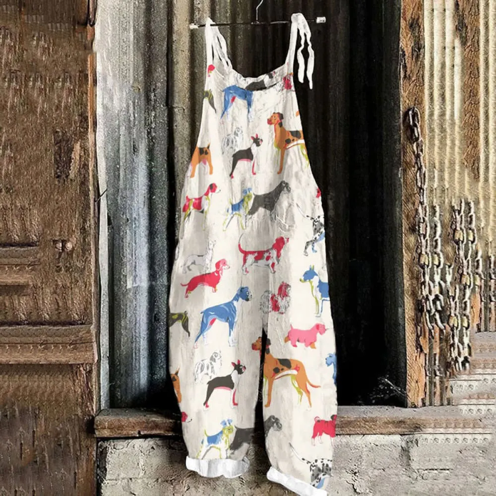Cute Colorful Dog Pattern Print Loose Jumpsuit