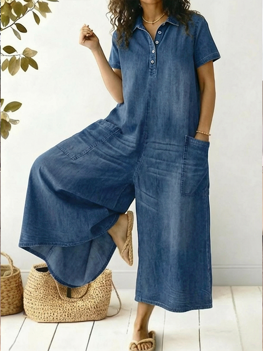 Loose-fitting Casual Short-sleeved Denim Jumpsuit