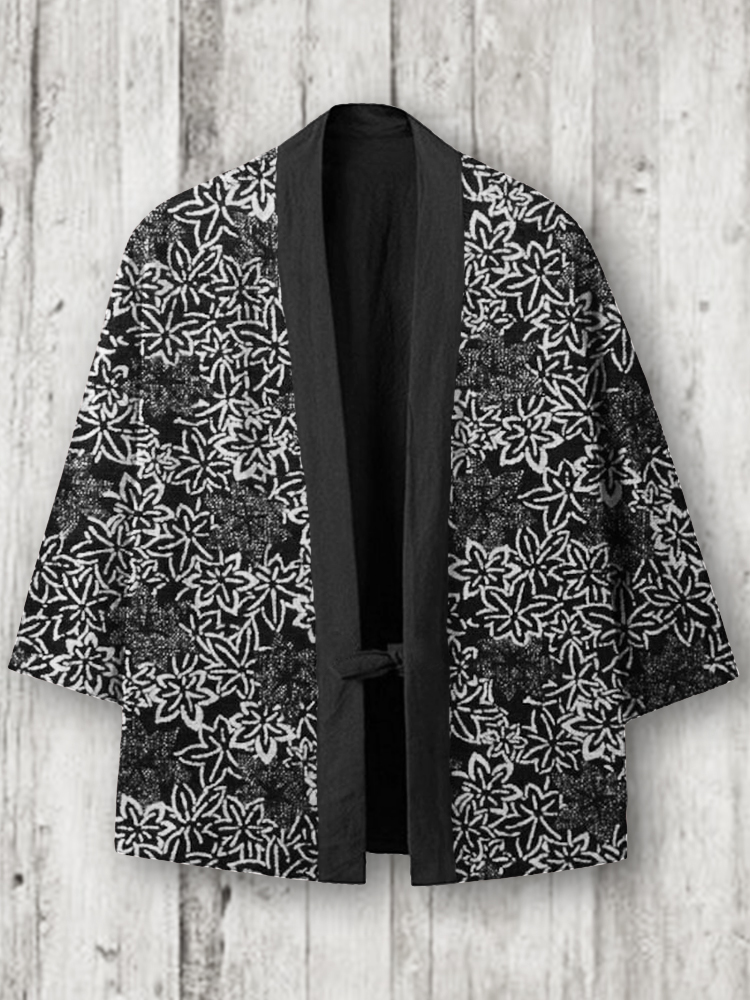 Japanese Maple Leaves Pattern Linen Blend Kimono Cardigan