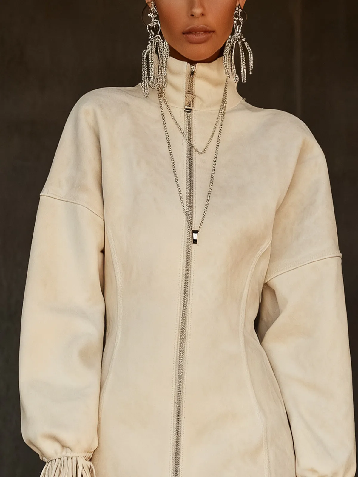 White Faux Suede Fringe Zip-Up Mini Dress