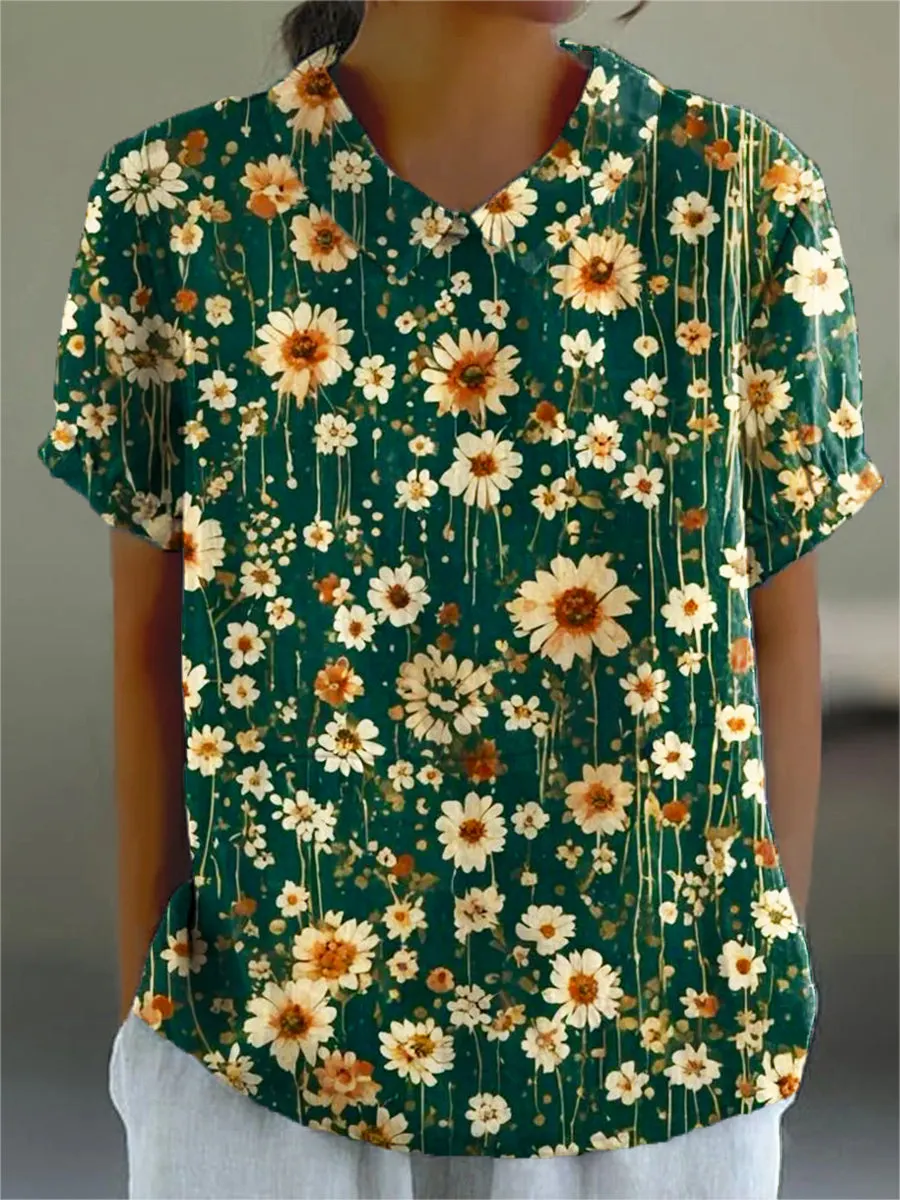Beautiful Small Floral Flower Painting Art Print Casual Cotton & Linen Shirt