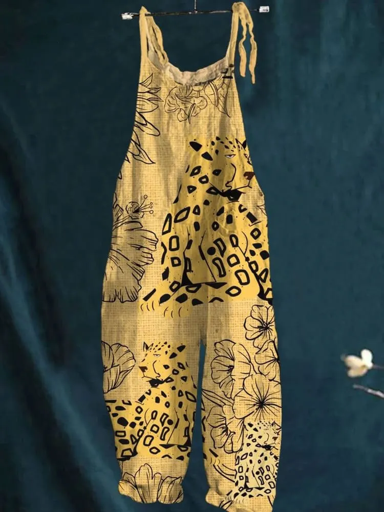 Vintage Lovely Floral Leopard Art Print Casual Wide-Leg Jumpsuit