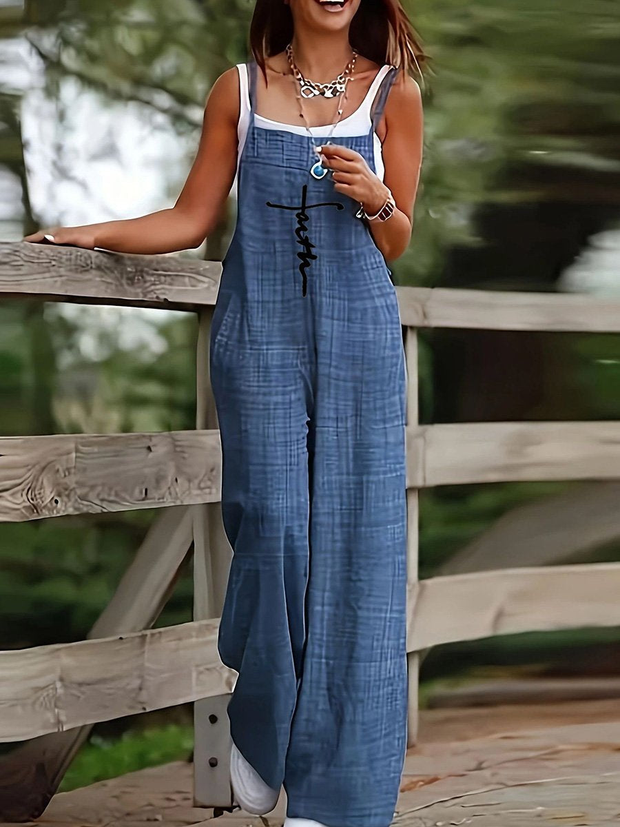 Printed Pocket Cotton & Linen Casual Suspender Jumpsuit