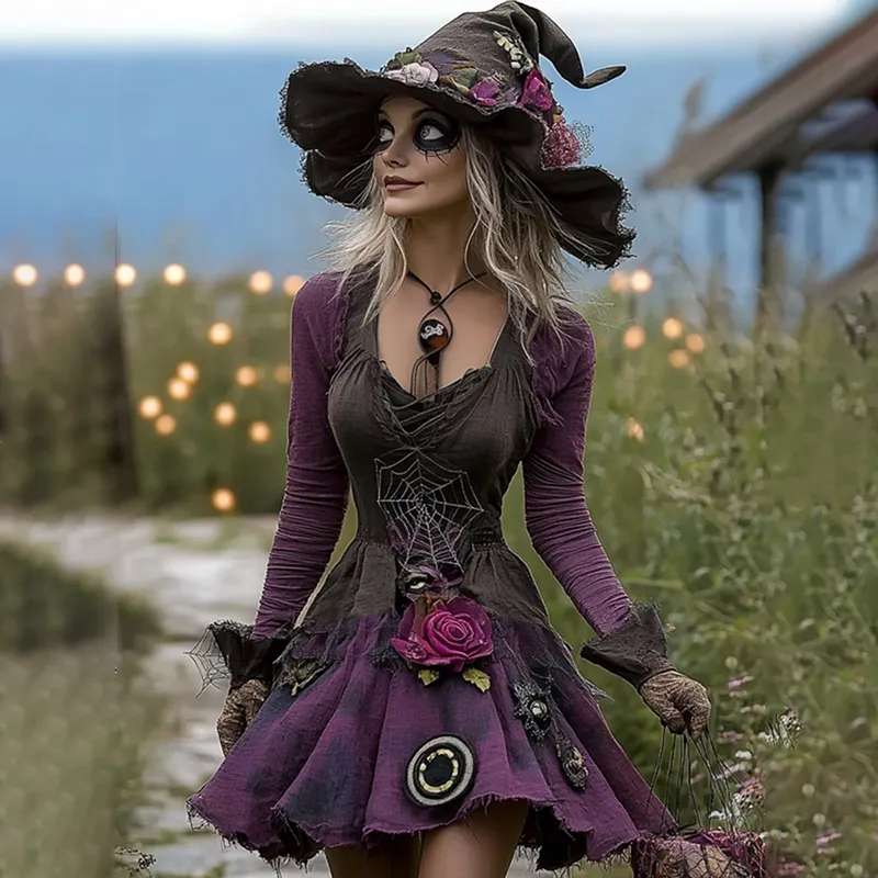 Women's Boho Witch Rose Spider Web Witch Cosplay Midi Evening Dress