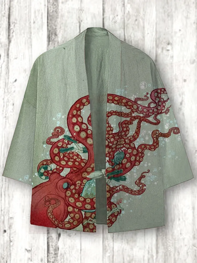 Ocean Octopus Japanese Art Linen Blend Kimono Cardigan