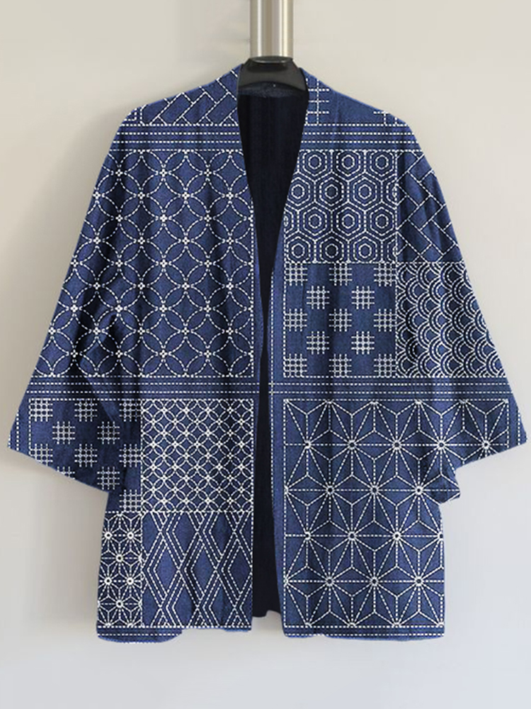 Vintage Japanese Traditional Sashiko Art Print Blend Kimono Cardigan
