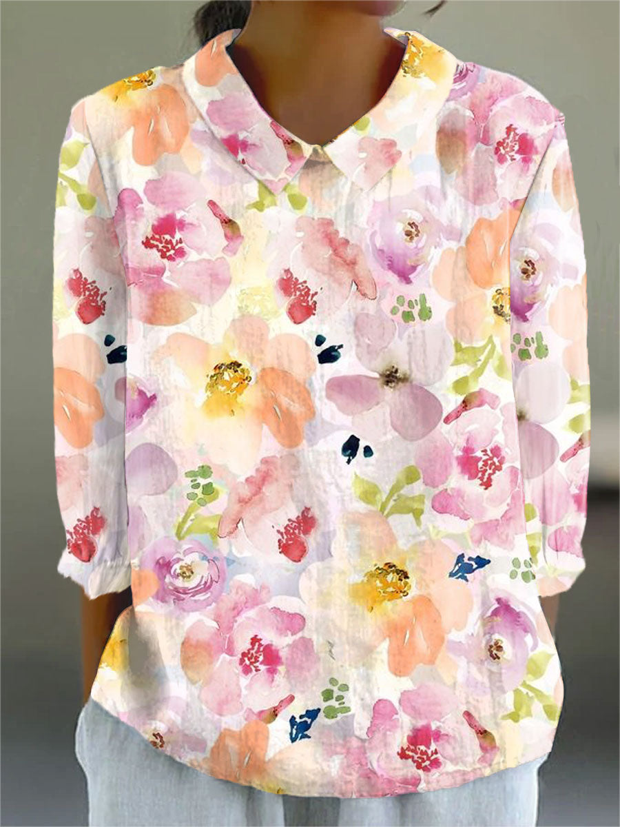 Vintage Flower Art Print Casual Cotton & Linen 3/4 Sleeve Shirt
