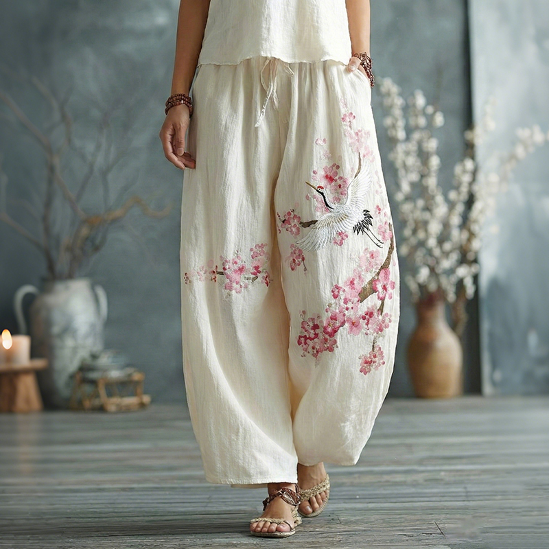 Japanese Floral Crane Pattern Linen Pants