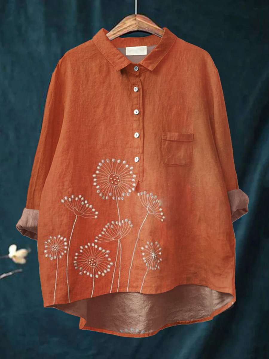 Floral Art Print Casual Cotton & Linen Shirt