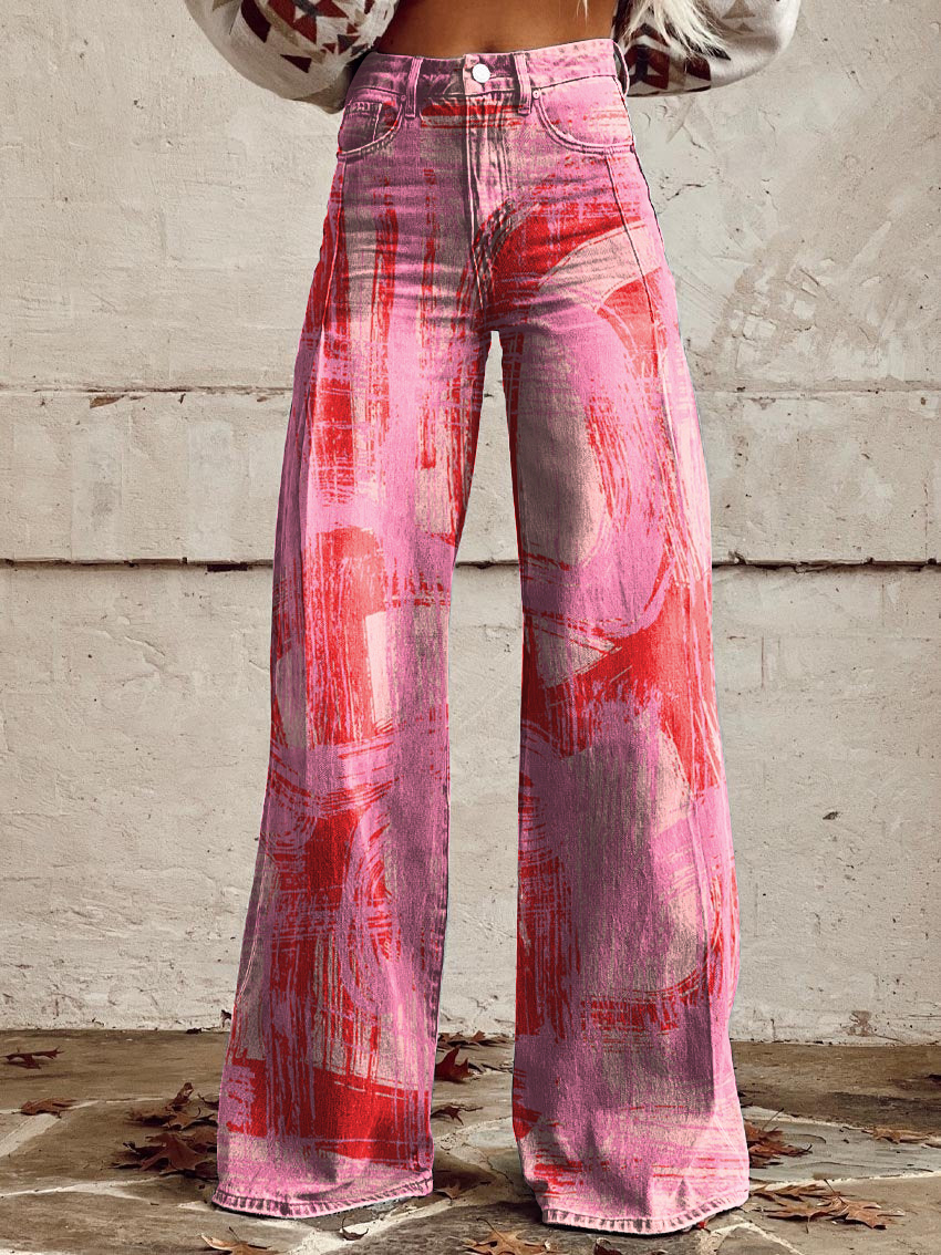 Vintage Abstract Art Print Wide-Leg Pants