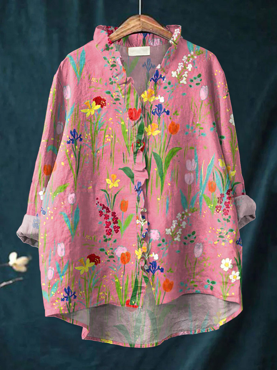Vintage Flowers Art Print Casual Cotton & Linen Ruffle Shirt