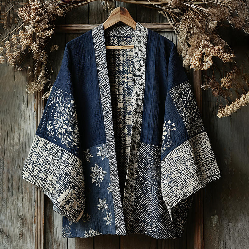 Retro Japanese Traditional Sashiko With Sakura Art Print Cotton & Linen Blend Kimono Cardigan