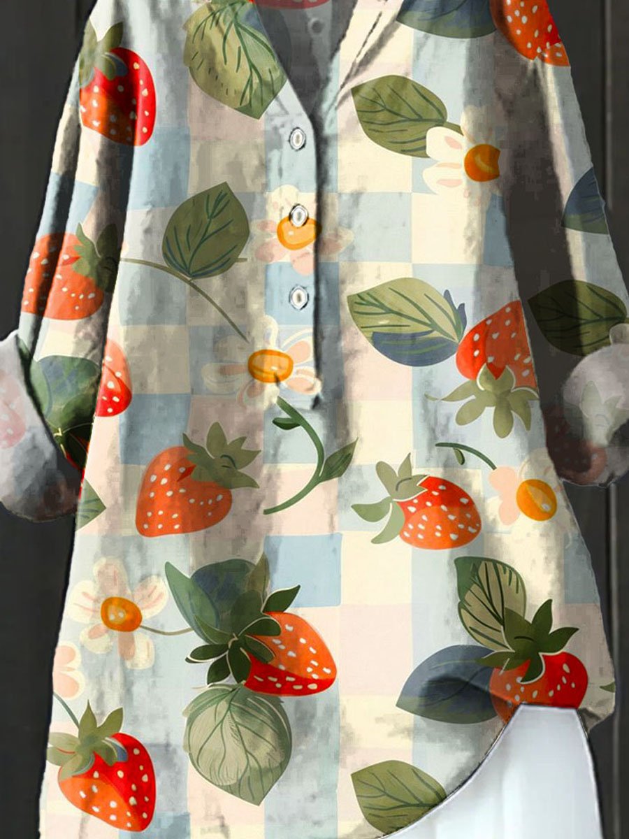 Vintage Lovely Strawberry Art Print Casual Cotton & Linen Shirt