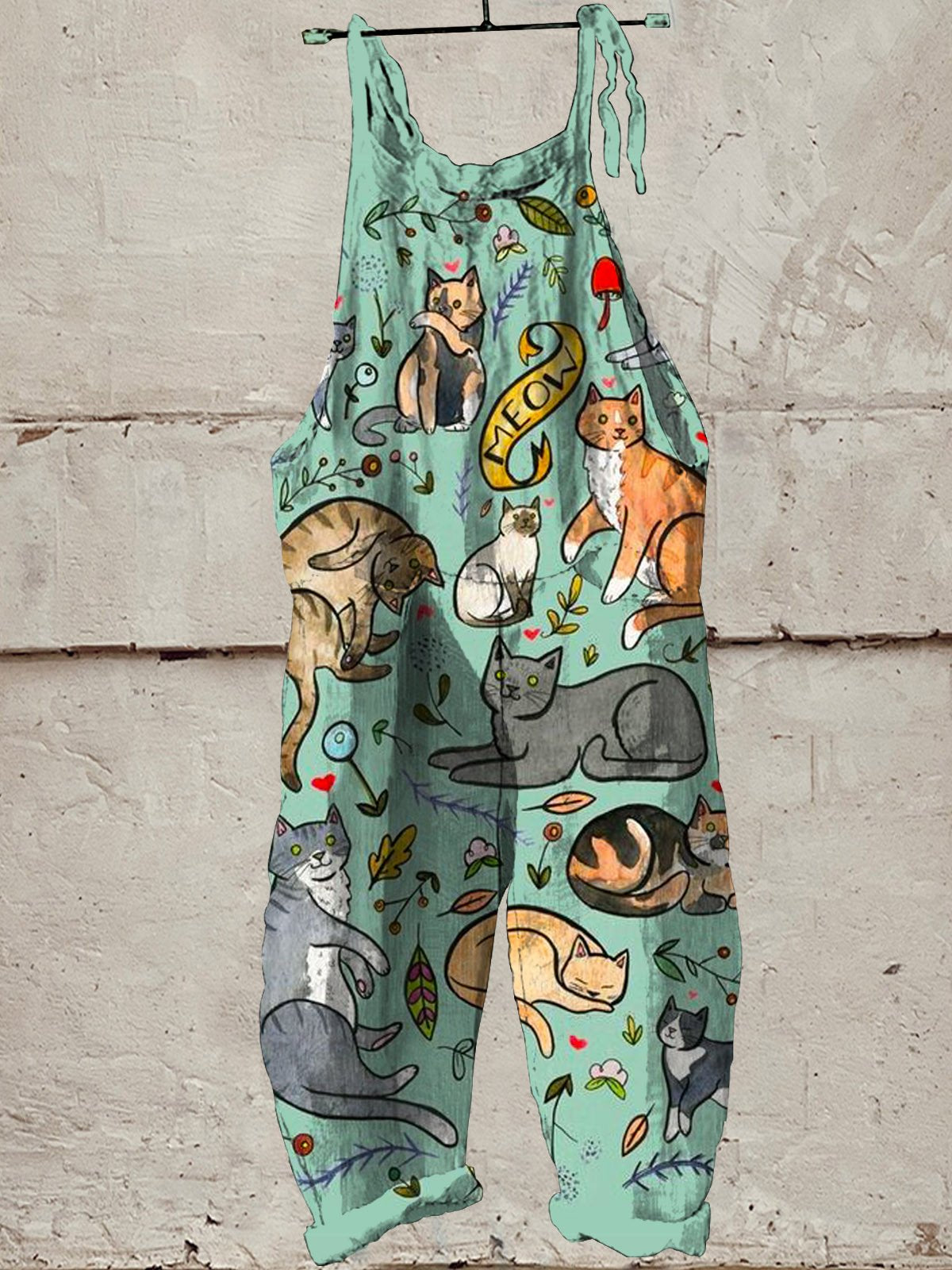 Lovely Cats Art Print Casual Wide-Leg Jumpsuit