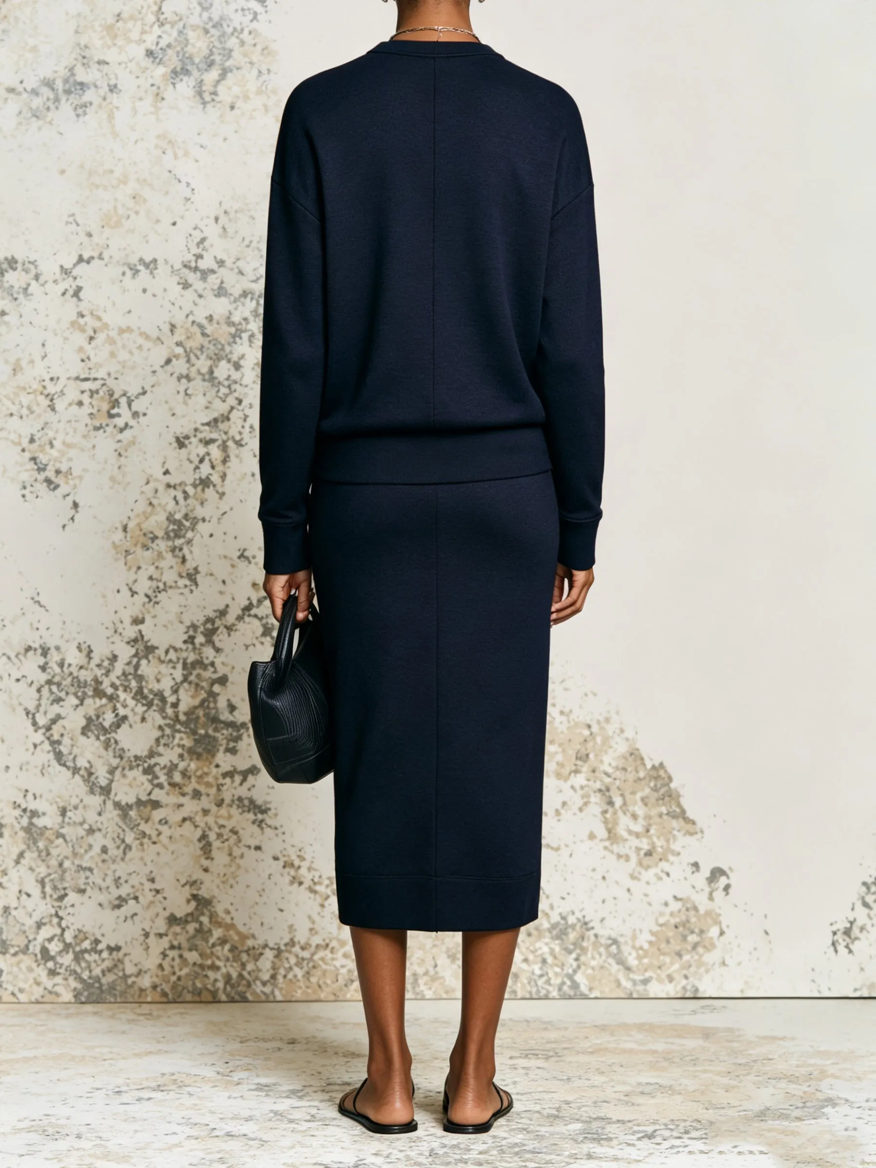 Minimalist Navy Detail Two-Piece Set – Long-Sleeve Top & Midi Skirt Elegant Co-Ord Outfit