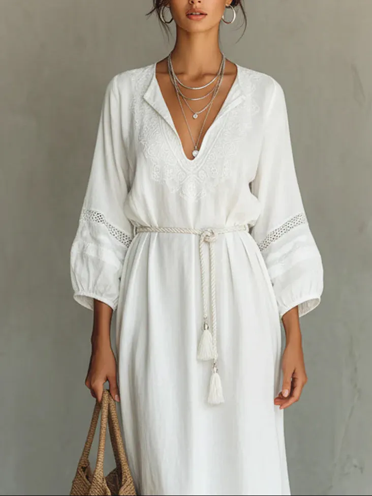 White Blend Lace V-neck Belted Maxi Dress