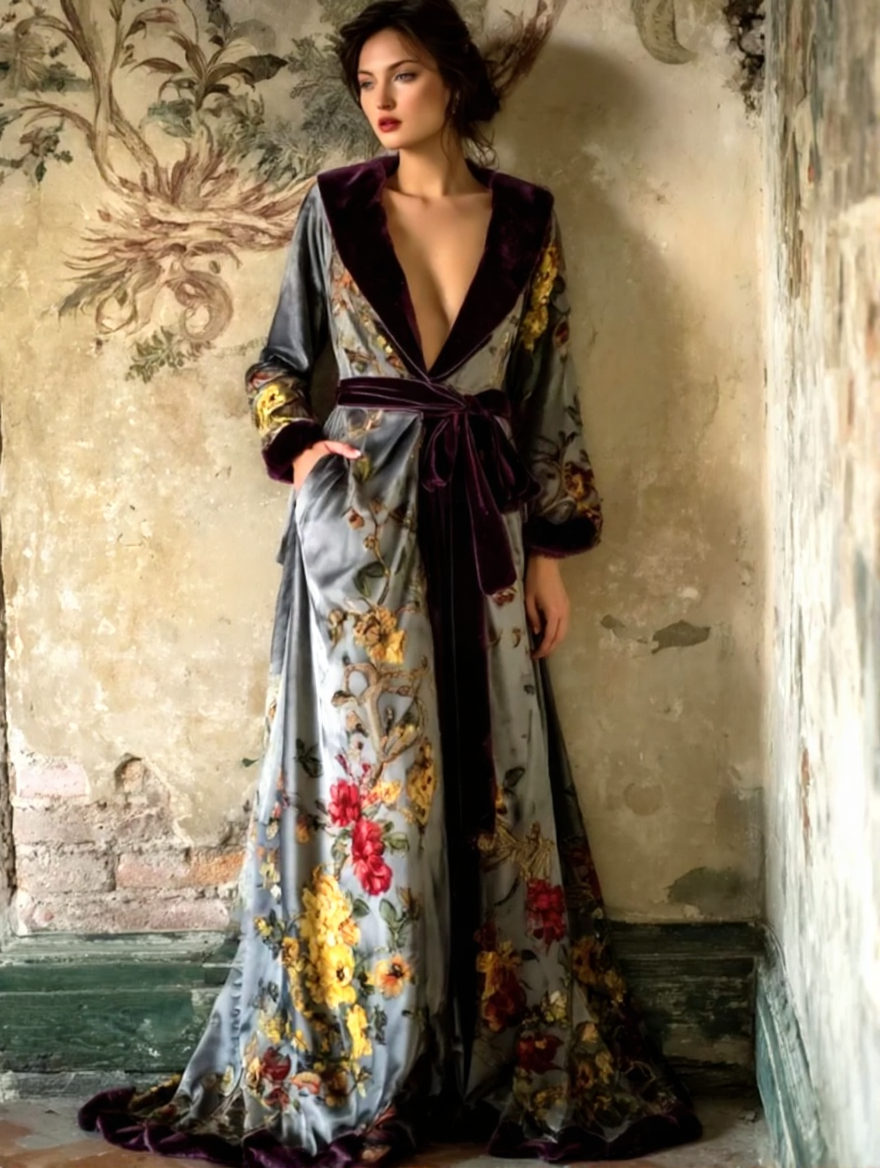 Artistic floral print kimono robe, autumn/winter long robe with sash