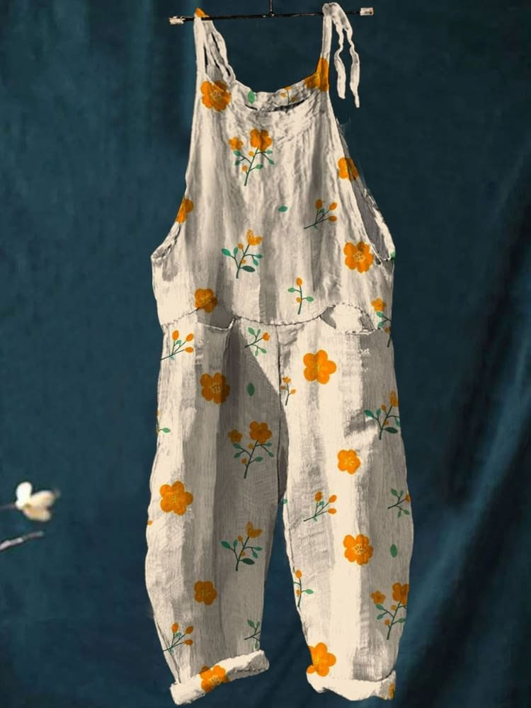 Vintage Lovely Floral Art Print Casual Wide-Leg Jumpsuit