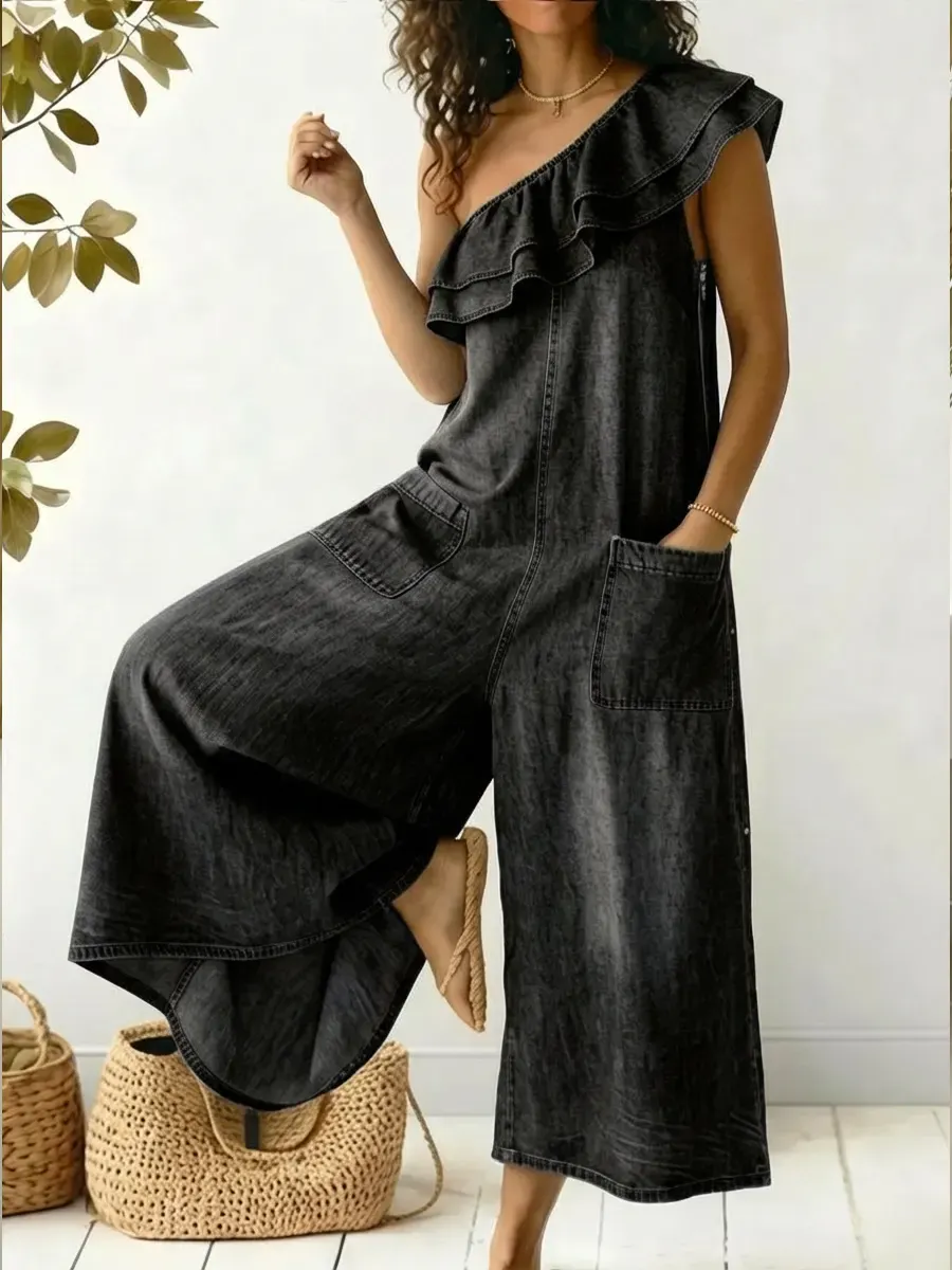 Casual Off-the-shoulder Ruffled Denim Cotton Jumpsuit